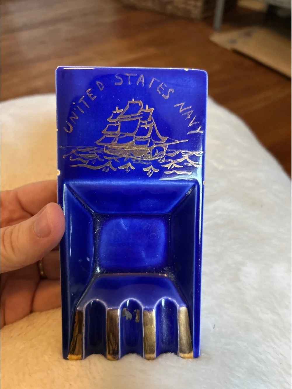 Vintage United States Navy Blue Ceramic Ashtray with Gold Ship Design